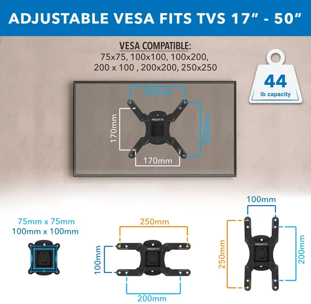 Alt view image 4 of 7 - Mount-It Full Motion TV Wall Mount for 17-50 Inch, Steel, 44 lbs, Black Swivel Tilt Articulating Bracket, Monitor Wall Mount, VESA 75x75 to 200x200, Single Stud, Low-Profile 2.4 in, for RV