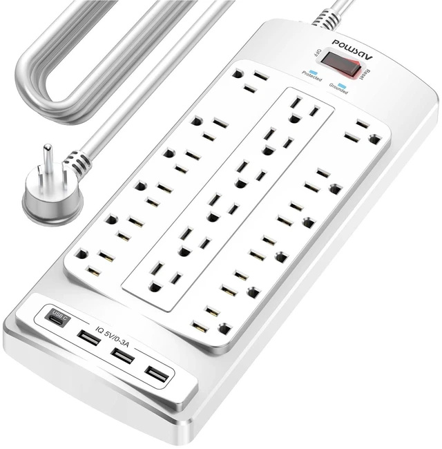 Main image of 18 Outlets Surge Protector Power Strip - 20 Feet Flat Plug Heavy Duty Extension Cord with 18 Widely Outlets and 4 USB Ports, 2100 Joules, White, ETL Listed