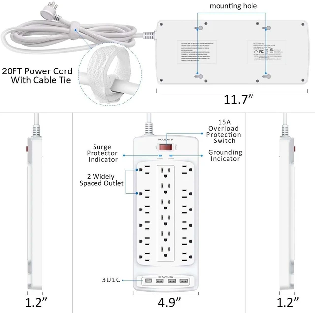 Alt view image 7 of 7 - 18 Outlets Surge Protector Power Strip - 20 Feet Flat Plug Heavy Duty Extension Cord with 18 Widely Outlets and 4 USB Ports, 2100 Joules, White, ETL Listed