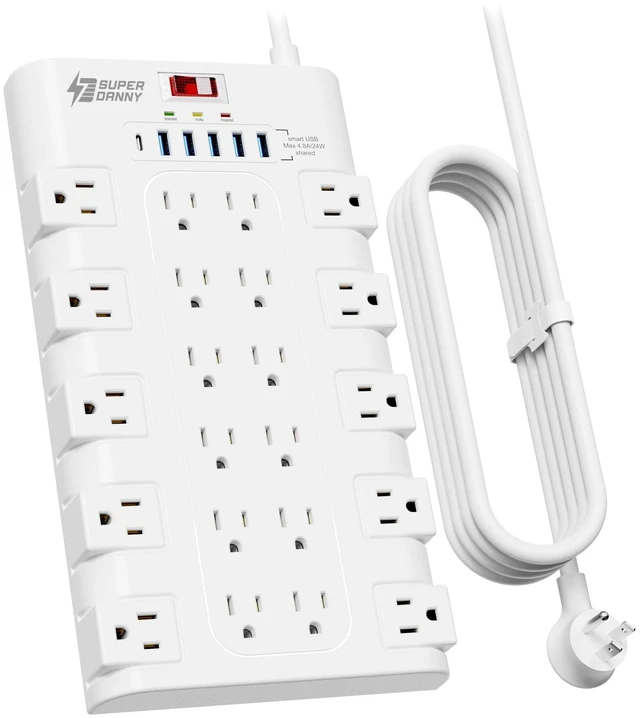 Main image of Power Strip Surge Protector, 22 AC 6 USB, 2100J, 10Ft, 1875W/15A 5A1C, Heavy Duty Extension Cord with Multiple Outlets, Flat Plug Outlet Extender for Home, Office, Dorm, Gaming Room, White