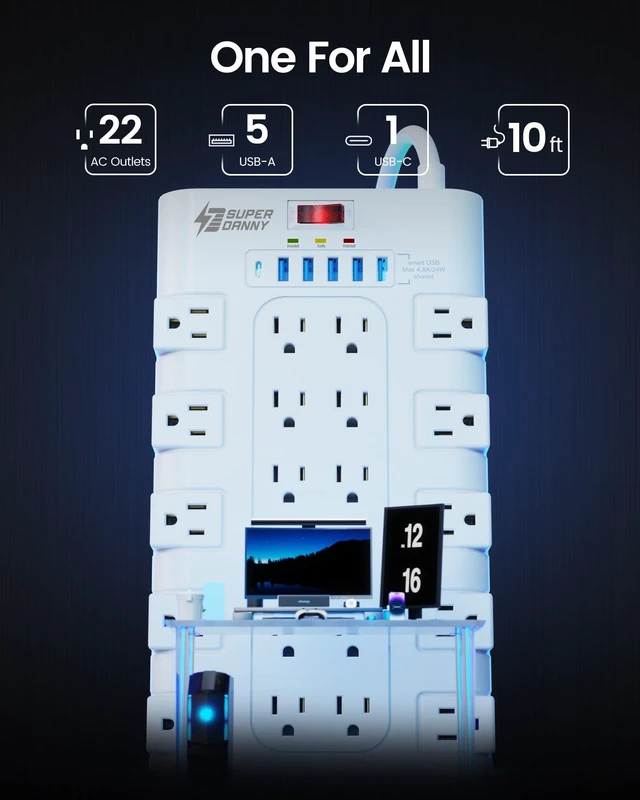 Alt view image 2 of 6 - Power Strip Surge Protector, 22 AC 6 USB, 2100J, 10Ft, 1875W/15A 5A1C, Heavy Duty Extension Cord with Multiple Outlets, Flat Plug Outlet Extender for Home, Office, Dorm, Gaming Room, White