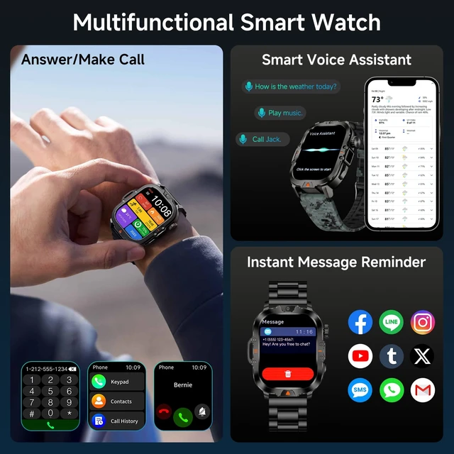 Alt view image 5 of 7 - Smart Watch for Men Military Answer/Make Call 2.01 Display 170+ Sports Modes IP68 Waterproof 30-Day Standby for Android iOS Camouflage Silicone Strap