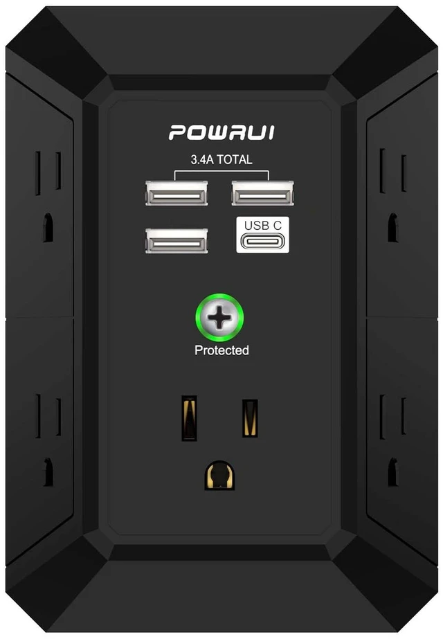 Main image of Outlet Extender Surge Protector - 5 Outlet Splitter with 4 USB Charging Ports, 3-Sided 1680J Power Strip Multi Plug Wall Adapter for Home Travel Office, Black
