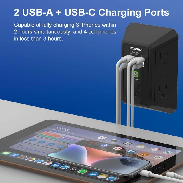 Alt view image 3 of 7 - Outlet Extender Surge Protector - 5 Outlet Splitter with 4 USB Charging Ports, 3-Sided 1680J Power Strip Multi Plug Wall Adapter for Home Travel Office, Black