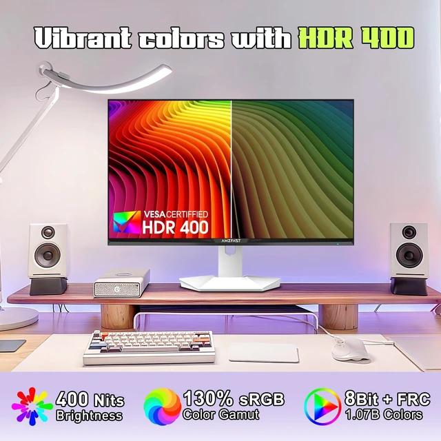 Alt view image 5 of 7 - 27" White Gaming Monitor, WQHD 2560x1440 200Hz Fast IPS 1ms HDR400 130% sRGB, 8bit+FRC, Adaptive Sync, TÜV Eye Care, HDMI 2.0x2, DP 1.4x2, VESA 100x100 AMZG27F6Q for Competitive & 3A Gaming