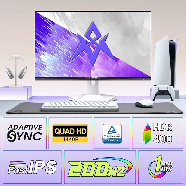 Alt view image 2 of 7 - 27" White Gaming Monitor, WQHD 2560x1440 200Hz Fast IPS 1ms HDR400 130% sRGB, 8bit+FRC, Adaptive Sync, TÜV Eye Care, HDMI 2.0x2, DP 1.4x2, VESA 100x100 AMZG27F6Q for Competitive & 3A Gaming
