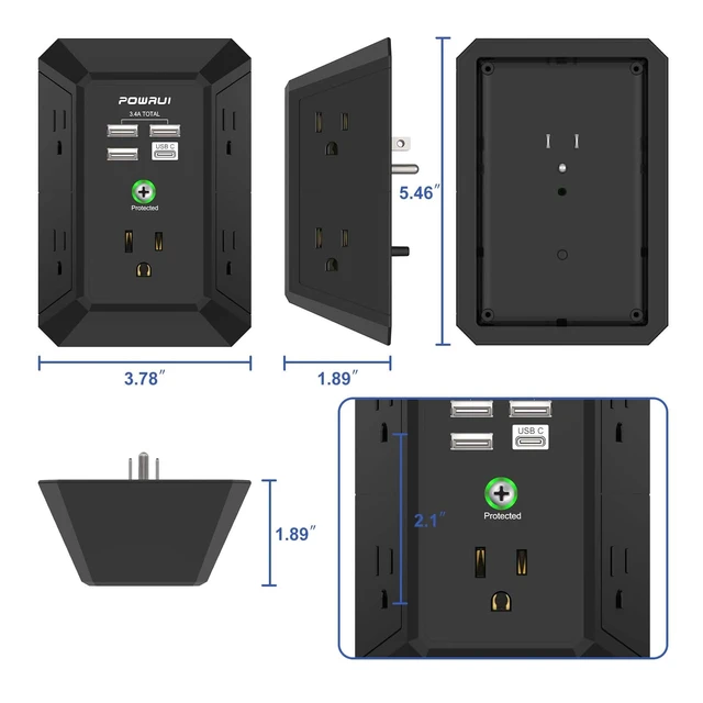 Alt view image 7 of 7 - Outlet Extender Surge Protector - 5 Outlet Splitter with 4 USB Charging Ports, 3-Sided 1680J Power Strip Multi Plug Wall Adapter for Home Travel Office, Black