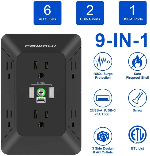 Alt view image 2 of 7 - 3 Sided Surge Protector Power Strip - 6 Outlet Extender with 3 USB Charging Ports(1 USB C), Multi Plug Wall Adapter Outlet Splitter for Home Travel Office, Black