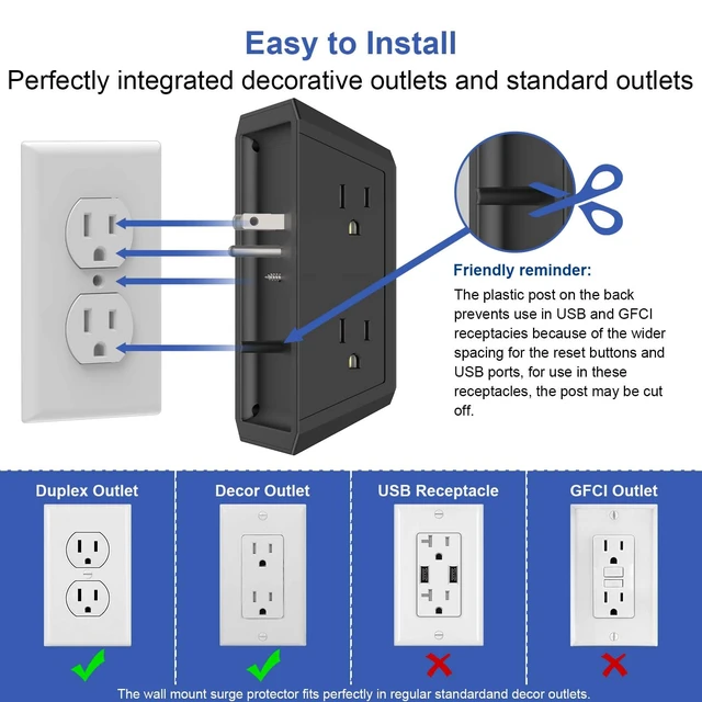 Alt view image 4 of 7 - Outlet Extender Surge Protector - 5 Outlet Splitter with 4 USB Charging Ports, 3-Sided 1680J Power Strip Multi Plug Wall Adapter for Home Travel Office, Black