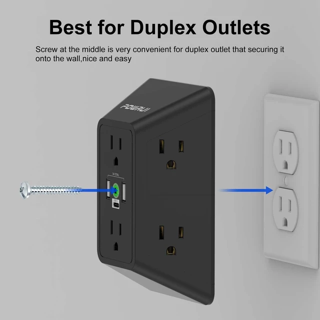 Alt view image 5 of 7 - 3 Sided Surge Protector Power Strip - 6 Outlet Extender with 3 USB Charging Ports(1 USB C), Multi Plug Wall Adapter Outlet Splitter for Home Travel Office, Black
