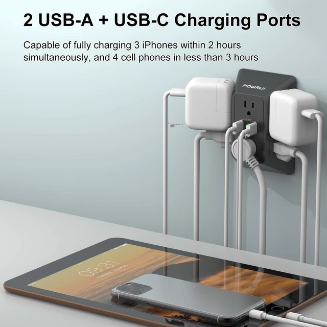 Alt view image 3 of 7 - 3 Sided Surge Protector Power Strip - 6 Outlet Extender with 3 USB Charging Ports(1 USB C), Multi Plug Wall Adapter Outlet Splitter for Home Travel Office, Black