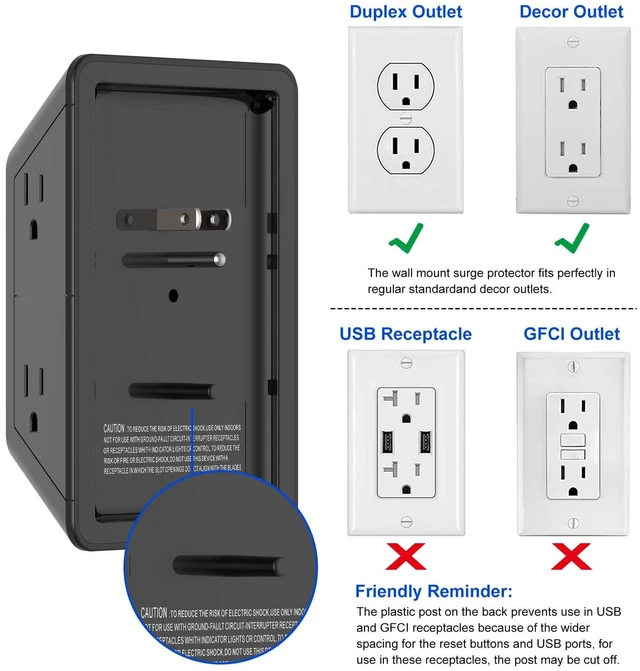 Alt view image 4 of 7 - 3 Sided Surge Protector Power Strip - 6 Outlet Extender with 3 USB Charging Ports(1 USB C), Multi Plug Wall Adapter Outlet Splitter for Home Travel Office, Black