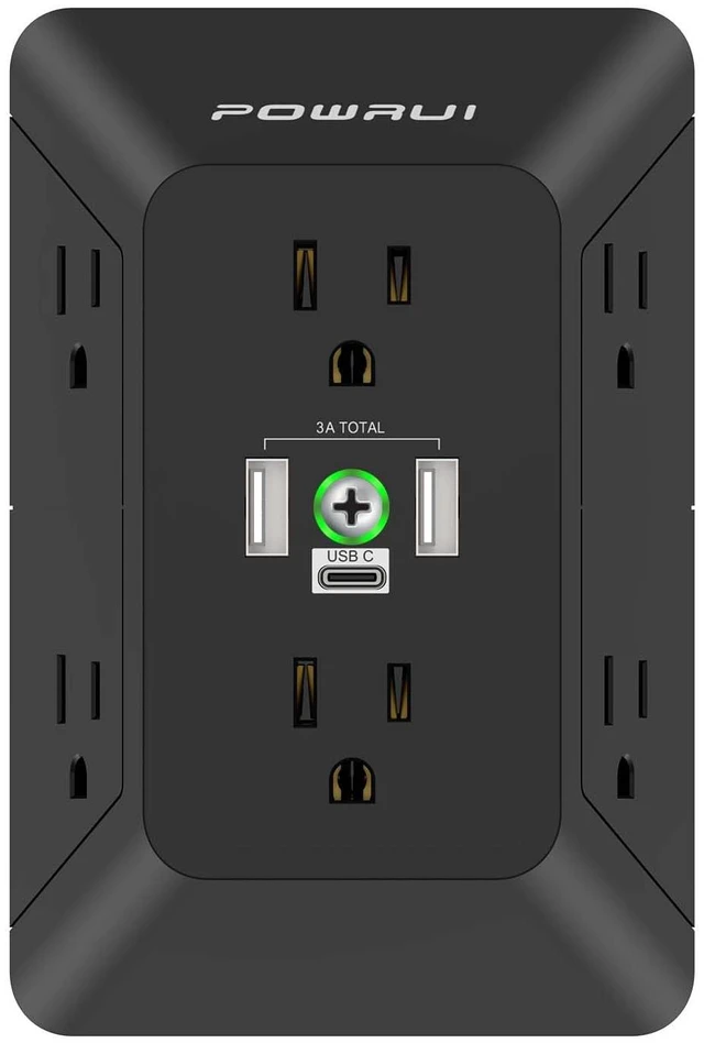 Main image of 3 Sided Surge Protector Power Strip - 6 Outlet Extender with 3 USB Charging Ports(1 USB C), Multi Plug Wall Adapter Outlet Splitter for Home Travel Office, Black