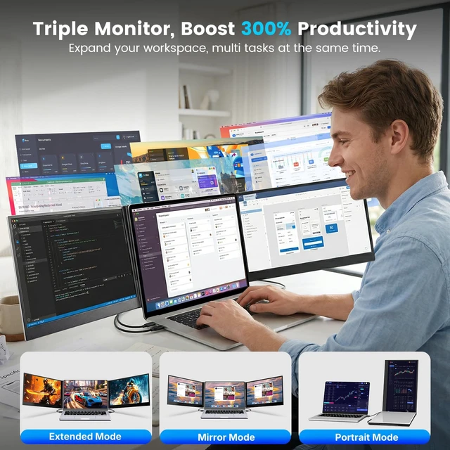 Alt view image 5 of 7 - Laptop Screen Extender, 15.6 Ultra-Slim Triple Portable Monitor for Laptop, Two Cable USB-C/HDMI Plug-Play, Travel Dual Monitor for 1317.3" Laptops, MacOS/Windows/Android