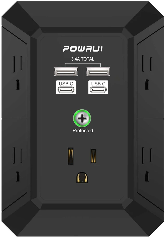 Main image of Outlet Extender Surge Protector - 5 Outlet Splitter with 4 USB Charging Ports(2 USB C), 3-Sided 1680J Power Strip Multi Plug Wall Adapter for Home Travel Office, Black