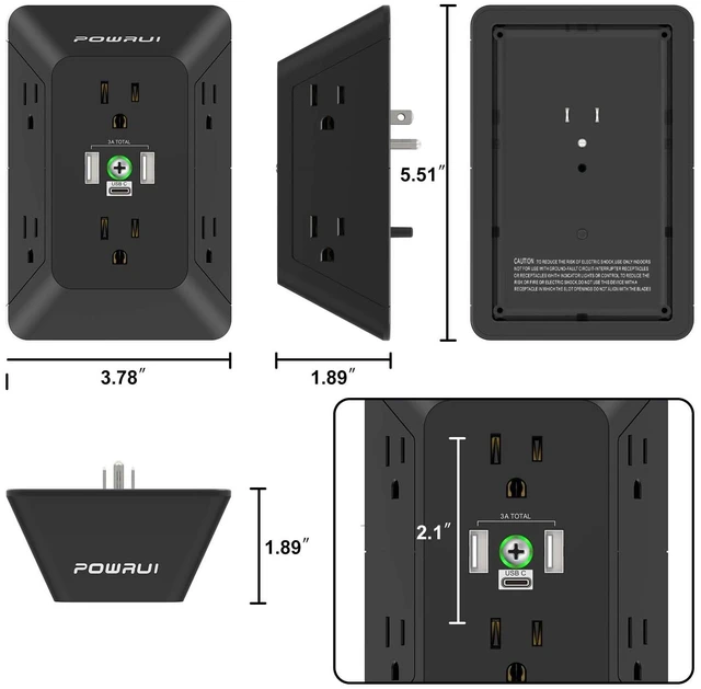 Alt view image 7 of 7 - 3 Sided Surge Protector Power Strip - 6 Outlet Extender with 3 USB Charging Ports(1 USB C), Multi Plug Wall Adapter Outlet Splitter for Home Travel Office, Black