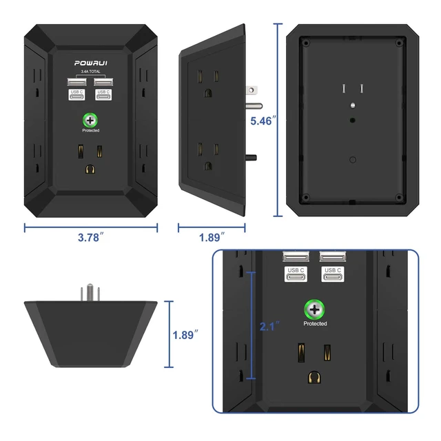 Alt view image 7 of 7 - Outlet Extender Surge Protector - 5 Outlet Splitter with 4 USB Charging Ports(2 USB C), 3-Sided 1680J Power Strip Multi Plug Wall Adapter for Home Travel Office, Black