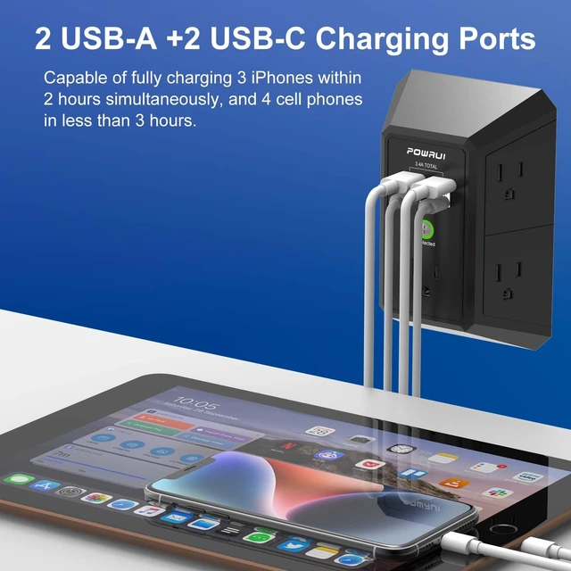 Alt view image 3 of 7 - Outlet Extender Surge Protector - 5 Outlet Splitter with 4 USB Charging Ports(2 USB C), 3-Sided 1680J Power Strip Multi Plug Wall Adapter for Home Travel Office, Black