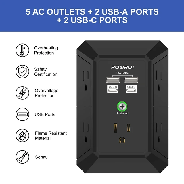 Alt view image 2 of 7 - Outlet Extender Surge Protector - 5 Outlet Splitter with 4 USB Charging Ports(2 USB C), 3-Sided 1680J Power Strip Multi Plug Wall Adapter for Home Travel Office, Black