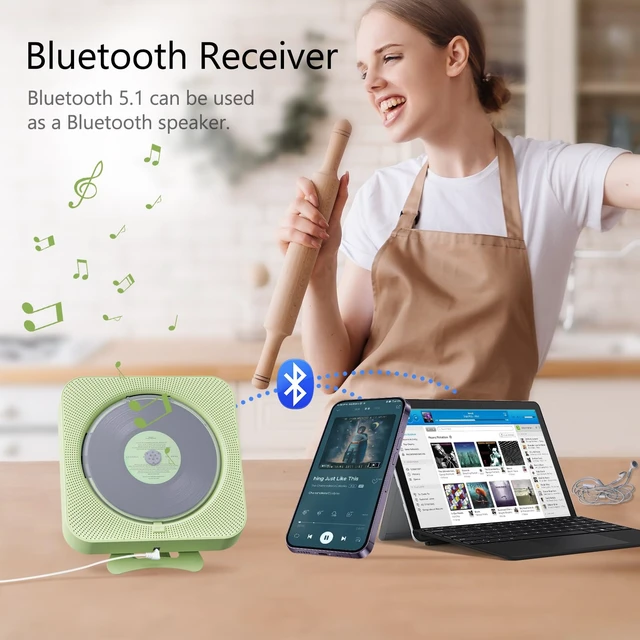 Alt view image 2 of 6 - Portable CD Player with Bluetooth Desktop CD Player for Home CD Music Players with Remote Control,Timer,Built-in Dual Speakers with LED Display Home Audio Boombox FM Radio (Green)