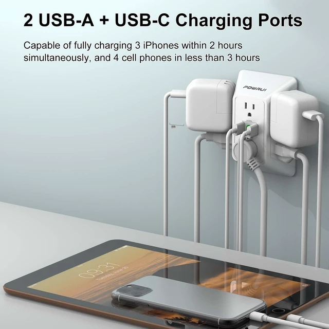 Alt view image 3 of 7 - 3 Sided Surge Protector Power Strip - 6 Outlet Extender with 3 USB Charging Ports(1 USB C), Multi Plug Wall Adapter Outlet Splitter for Home Travel Office, White