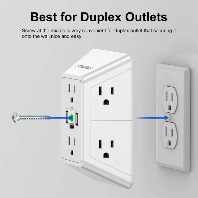Alt view image 5 of 7 - 3 Sided Surge Protector Power Strip - 6 Outlet Extender with 3 USB Charging Ports(1 USB C), Multi Plug Wall Adapter Outlet Splitter for Home Travel Office, White