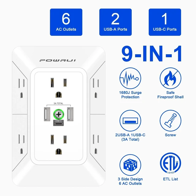 Alt view image 2 of 7 - 3 Sided Surge Protector Power Strip - 6 Outlet Extender with 3 USB Charging Ports(1 USB C), Multi Plug Wall Adapter Outlet Splitter for Home Travel Office, White