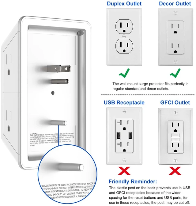 Alt view image 4 of 7 - 3 Sided Surge Protector Power Strip - 6 Outlet Extender with 3 USB Charging Ports(1 USB C), Multi Plug Wall Adapter Outlet Splitter for Home Travel Office, White