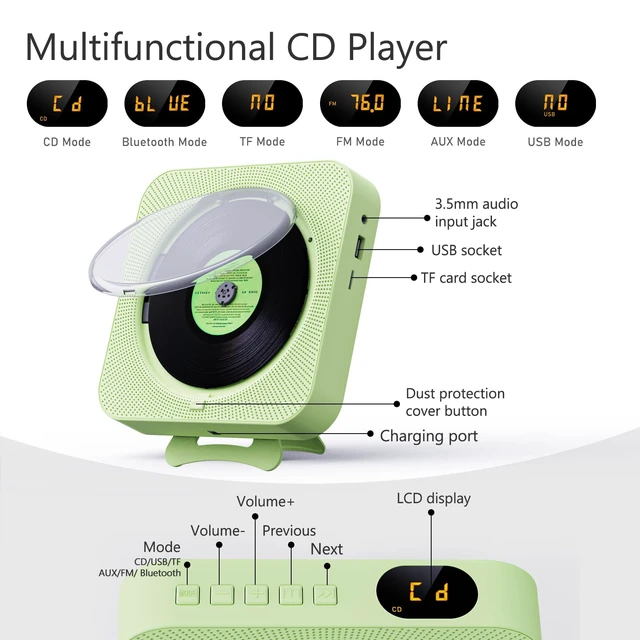 Alt view image 6 of 6 - Portable CD Player with Bluetooth Desktop CD Player for Home CD Music Players with Remote Control,Timer,Built-in Dual Speakers with LED Display Home Audio Boombox FM Radio (Green)