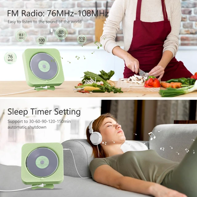 Alt view image 5 of 6 - Portable CD Player with Bluetooth Desktop CD Player for Home CD Music Players with Remote Control,Timer,Built-in Dual Speakers with LED Display Home Audio Boombox FM Radio (Green)