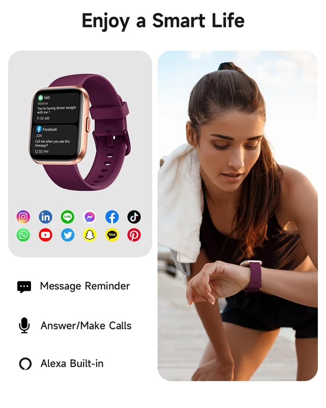 Alt view image 2 of 7 - Smart Watch for Women, Answer/Make Calls, Alexa Built-in, 1.85" Touch Screen Fitness Tracker for Android & iPhone, Heart Rate/Sleep/SpO2 Monitor Smartwatch, Waterproof (Deep Purple)