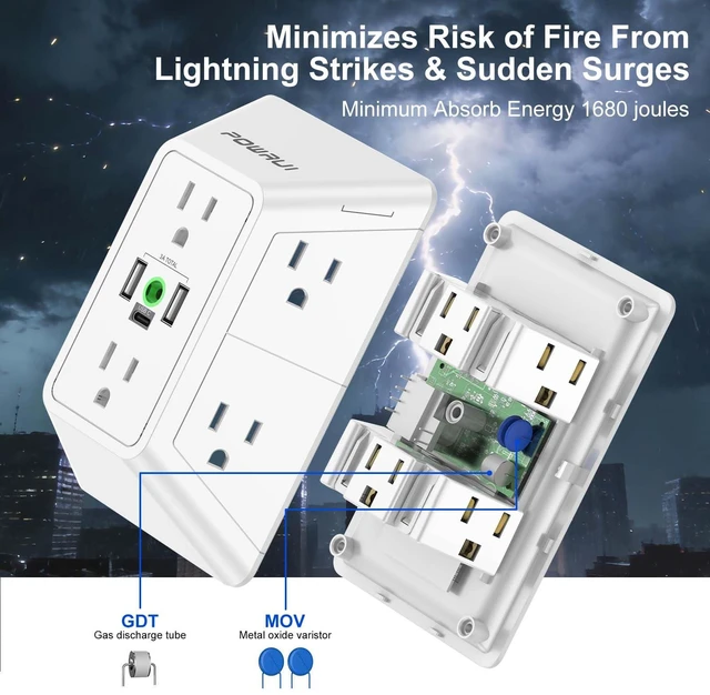 Alt view image 6 of 7 - 3 Sided Surge Protector Power Strip - 6 Outlet Extender with 3 USB Charging Ports(1 USB C), Multi Plug Wall Adapter Outlet Splitter for Home Travel Office, White