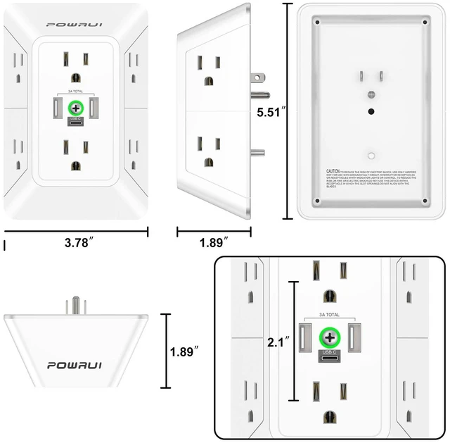 Alt view image 7 of 7 - 3 Sided Surge Protector Power Strip - 6 Outlet Extender with 3 USB Charging Ports(1 USB C), Multi Plug Wall Adapter Outlet Splitter for Home Travel Office, White