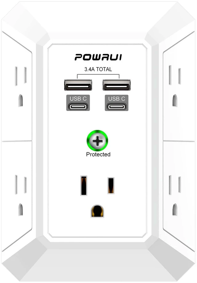 Main image of Outlet Extender Surge Protector - 5 Outlet Splitter with 4 USB Charging Ports(2 USB C), 3-Sided 1680J Power Strip Multi Plug Wall Adapter for Home Travel Office, White
