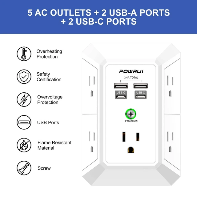 Alt view image 2 of 7 - Outlet Extender Surge Protector - 5 Outlet Splitter with 4 USB Charging Ports(2 USB C), 3-Sided 1680J Power Strip Multi Plug Wall Adapter for Home Travel Office, White
