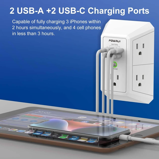 Alt view image 3 of 7 - Outlet Extender Surge Protector - 5 Outlet Splitter with 4 USB Charging Ports(2 USB C), 3-Sided 1680J Power Strip Multi Plug Wall Adapter for Home Travel Office, White