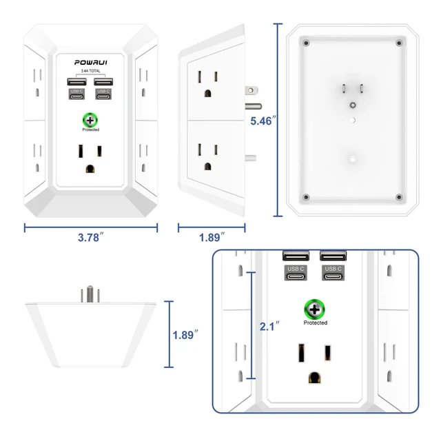 Alt view image 7 of 7 - Outlet Extender Surge Protector - 5 Outlet Splitter with 4 USB Charging Ports(2 USB C), 3-Sided 1680J Power Strip Multi Plug Wall Adapter for Home Travel Office, White