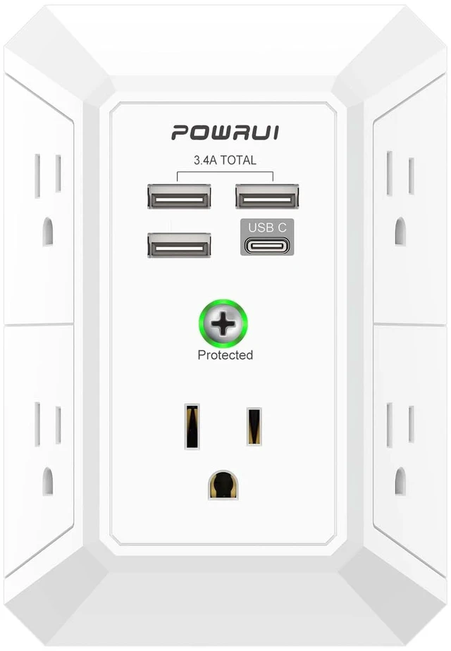Main image of Outlet Extender Surge Protector - 5 Outlet Splitter with 4 USB Charging Ports, 3-Sided 1680J Power Strip Multi Plug Wall Adapter for Home Travel Office, White