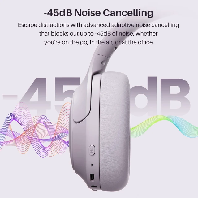 Alt view image 3 of 7 - HT3 Hybrid Noise Cancelling Wireless Headphones, 90H Over Ear Headset Hi Res Audio, AI Voice Assistant, Dual Device Connection, 32 Custom EQs, Built In 5 Mics, ANC, Foldable, Bluetooth 6.0 Purple