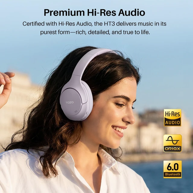 Alt view image 5 of 7 - HT3 Hybrid Noise Cancelling Wireless Headphones, 90H Over Ear Headset Hi Res Audio, AI Voice Assistant, Dual Device Connection, 32 Custom EQs, Built In 5 Mics, ANC, Foldable, Bluetooth 6.0 Purple