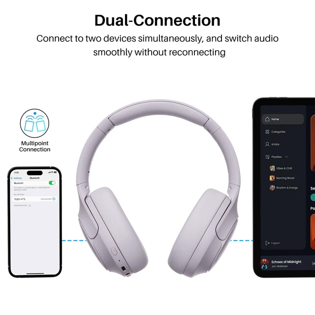 Alt view image 7 of 7 - HT3 Hybrid Noise Cancelling Wireless Headphones, 90H Over Ear Headset Hi Res Audio, AI Voice Assistant, Dual Device Connection, 32 Custom EQs, Built In 5 Mics, ANC, Foldable, Bluetooth 6.0 Purple