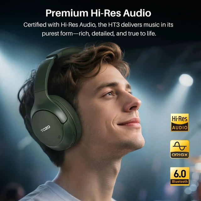 Alt view image 3 of 7 - HT3 Hybrid Noise Cancelling Wireless Headphones, 90H Over Ear Headset Hi Res Audio, AI Voice Assistant, Dual Device Connection, 32 Custom EQs, Built In 5 Mics, ANC, Foldable, Bluetooth 6.0 Green