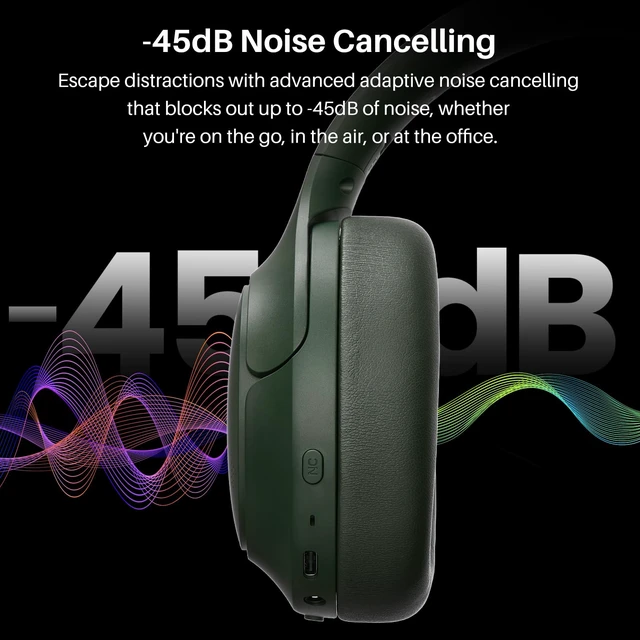 Alt view image 4 of 7 - HT3 Hybrid Noise Cancelling Wireless Headphones, 90H Over Ear Headset Hi Res Audio, AI Voice Assistant, Dual Device Connection, 32 Custom EQs, Built In 5 Mics, ANC, Foldable, Bluetooth 6.0 Green