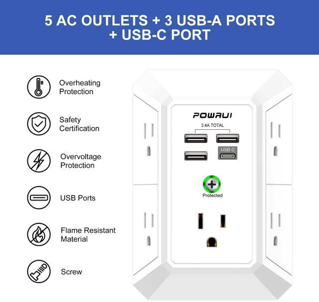 Alt view image 2 of 7 - Outlet Extender Surge Protector - 5 Outlet Splitter with 4 USB Charging Ports, 3-Sided 1680J Power Strip Multi Plug Wall Adapter for Home Travel Office, White