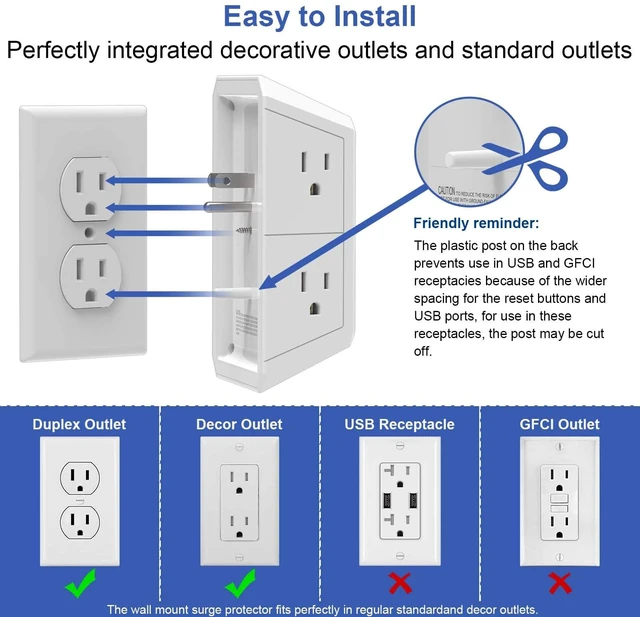 Alt view image 4 of 7 - Outlet Extender Surge Protector - 5 Outlet Splitter with 4 USB Charging Ports(2 USB C), 3-Sided 1680J Power Strip Multi Plug Wall Adapter for Home Travel Office, White