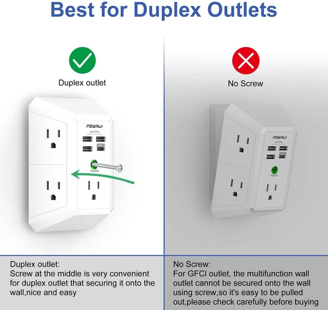Alt view image 5 of 7 - Outlet Extender Surge Protector - 5 Outlet Splitter with 4 USB Charging Ports, 3-Sided 1680J Power Strip Multi Plug Wall Adapter for Home Travel Office, White
