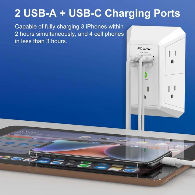Alt view image 3 of 7 - Outlet Extender Surge Protector - 5 Outlet Splitter with 4 USB Charging Ports, 3-Sided 1680J Power Strip Multi Plug Wall Adapter for Home Travel Office, White