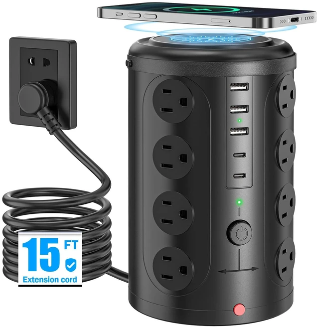 Main image of 15FT Power Strip Tower Surge Protector with 15W Wireless Charger 16 WideSpaced Outlets & 5 USB (2 USB C) Port, 45°Flat Plug, Desk Charging Station for Home Office and Dorm Room, Black