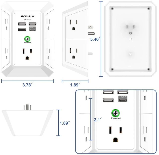 Alt view image 7 of 7 - Outlet Extender Surge Protector - 5 Outlet Splitter with 4 USB Charging Ports, 3-Sided 1680J Power Strip Multi Plug Wall Adapter for Home Travel Office, White
