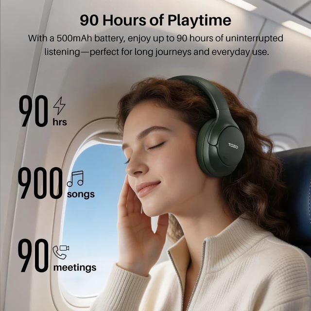 Alt view image 5 of 7 - HT3 Hybrid Noise Cancelling Wireless Headphones, 90H Over Ear Headset Hi Res Audio, AI Voice Assistant, Dual Device Connection, 32 Custom EQs, Built In 5 Mics, ANC, Foldable, Bluetooth 6.0 Green
